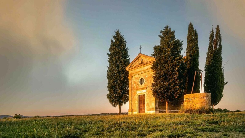 Small chapel in the golden light of sunset