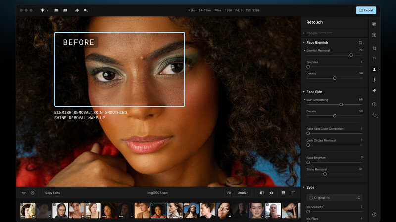 Screenshot of portrait retouching software showing before and after skin smoothing comparison.