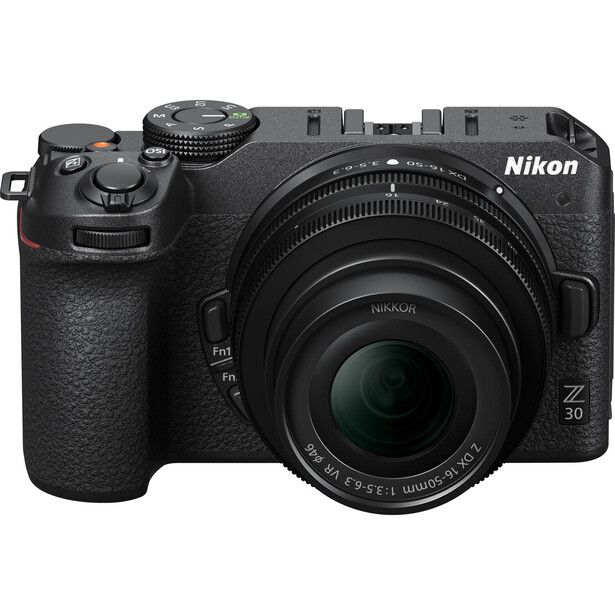 Nikon Z30 mirrorless camera with kit lens mounted, displayed against white background.