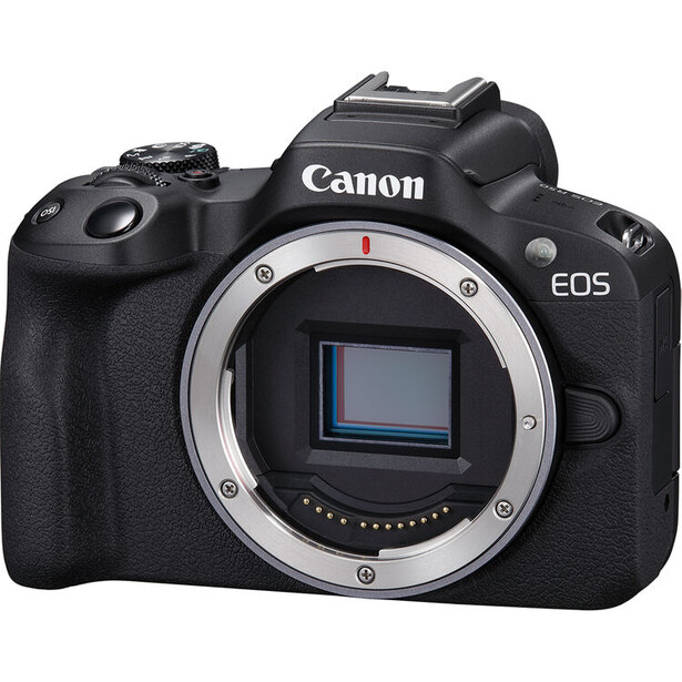 Canon EOS R50 mirrorless camera body shown from front, displaying the sensor and mount.