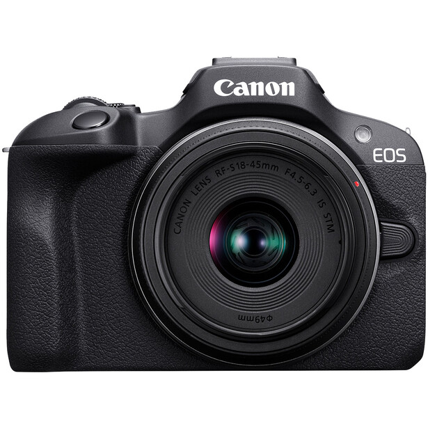 Canon EOS R50 mirrorless camera with 18-45mm lens, displayed against white background.