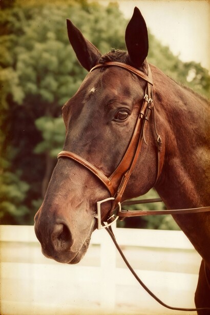Brown horse wearing a leather halter and lead rope, head turned toward camera with ears alert.