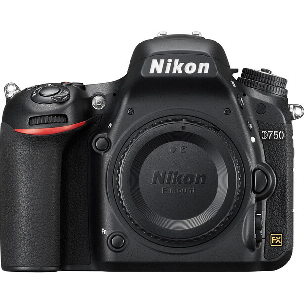 Nikon D750 DSLR camera body front view against white background.