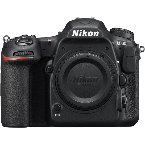 Nikon D500 DSLR camera body front view against white background.