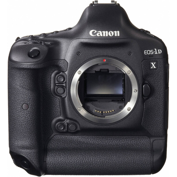 Canon EOS1D X professional DSLR camera body shown from front with mirror removed.
