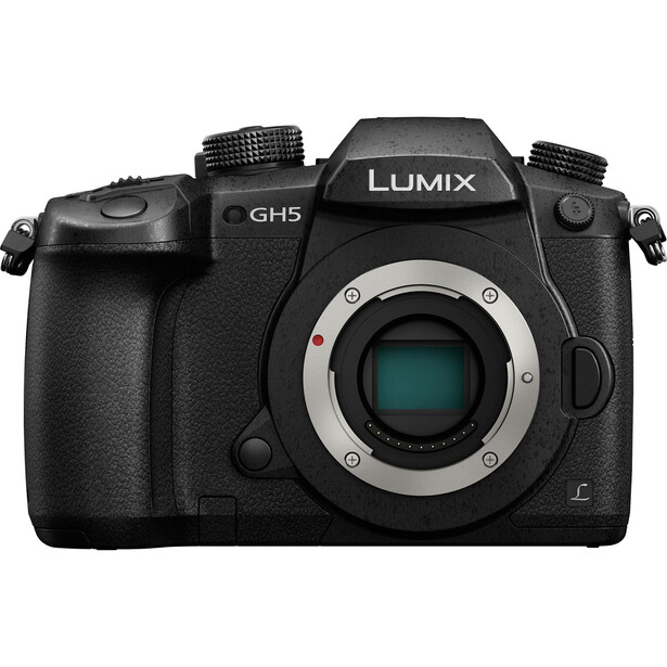 Panasonic Lumix GH5 mirrorless camera body shown from front, displaying the sensor and lens mount.