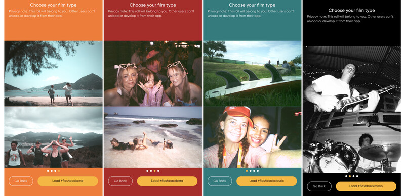 Screenshot of a film type selection interface with four color-coded categories displaying sample photos and load affordances buttons.