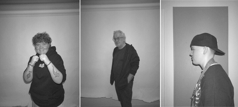 Three black and white portrait photographs showing individuals in different poses against neutral backgrounds.