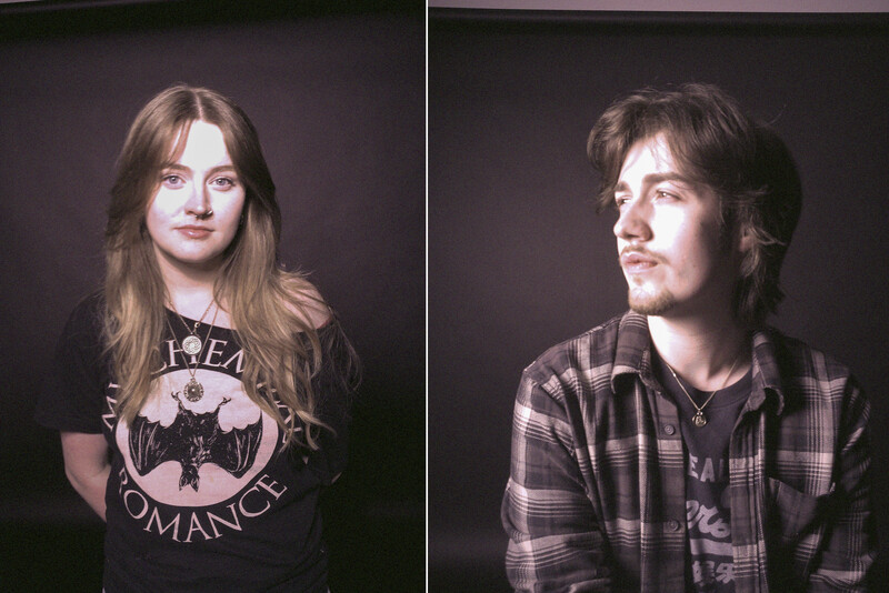 Two portrait photographs side by side against dark backgrounds, showing different lighting and composition techniques.