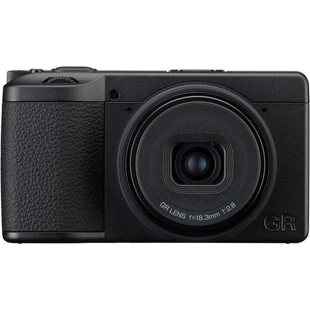 Ricoh GR IIIx compact digital camera with fixed 40mm lens on white background.