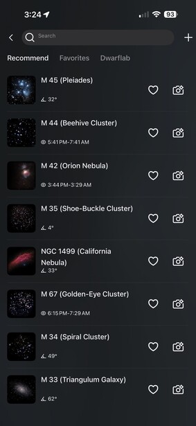 Screenshot of a photography software interface displaying a list of Messier catalog deep-sky objects with catalog numbers, object types, and viewing parameters.
