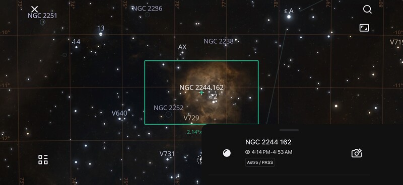 Screenshot of astronomical observation software showing NGC 2244.162 nebula region with surrounding star catalog objects.