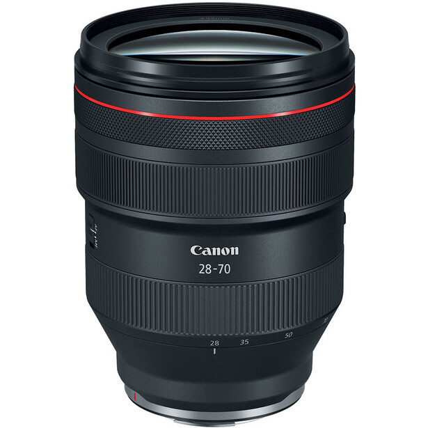 Canon RF 28-70mm f/2L USM lens with red accents against white background.
