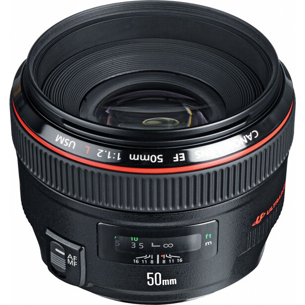Canon EF 50mm f/1.8 II prime lens with red and white accents on barrel and focus ring.