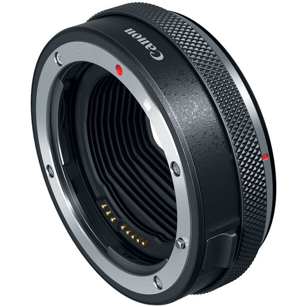 Canon RF mount adapter with black knurled grip ring and silver metal bayonet.
