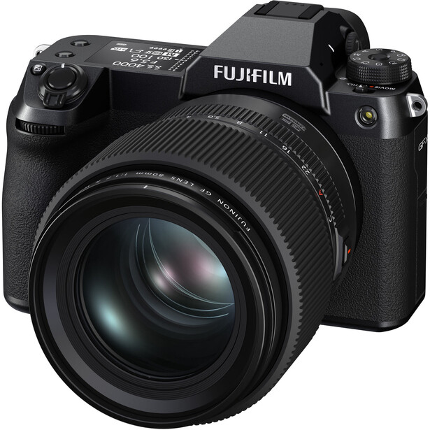 Fujifilm GFX mirrorless camera with large-aperture prime lens attached, shown against white background.