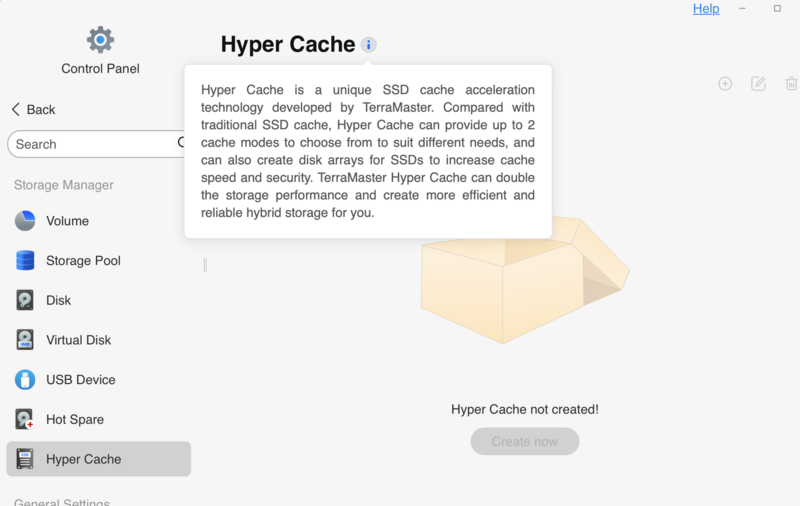 Screenshot of a storage management control panel showing Hyper Cache settings with an empty state message.