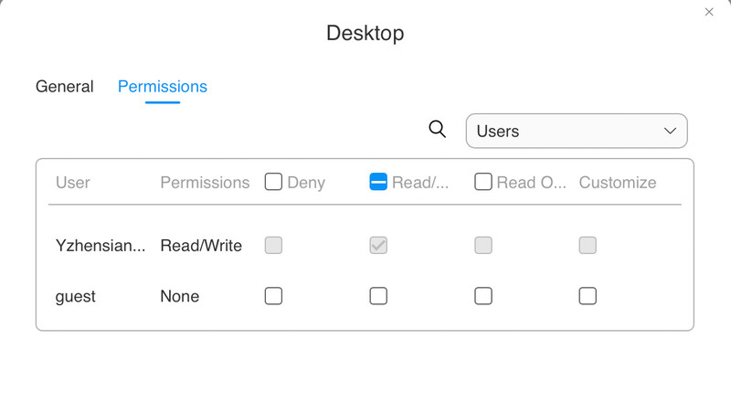 Screenshot of Desktop permissions settings showing Read/Write access controls for user accounts.