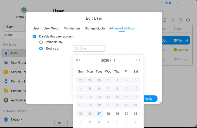 Screenshot of a user account management dialog showing account disable options and a calendar date picker for expiration settings.