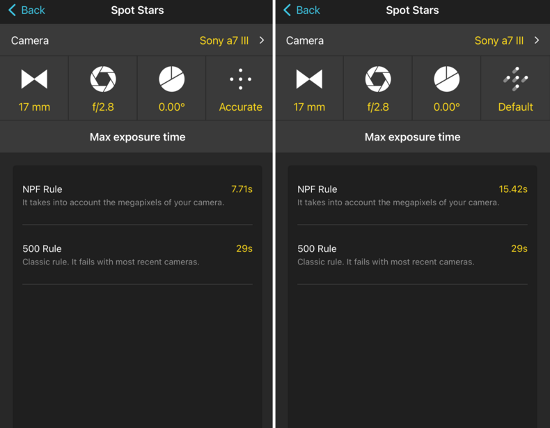 PhotoPills app and NPF Rule