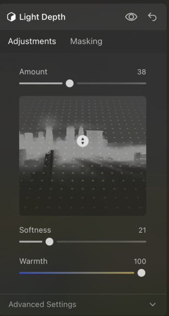 Screenshot of Light Depth adjustment panel with sliders for Amount, Softness, and Warmth settings.