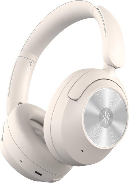 White over-ear headphones with silver circular ear cup detail and padded headband.