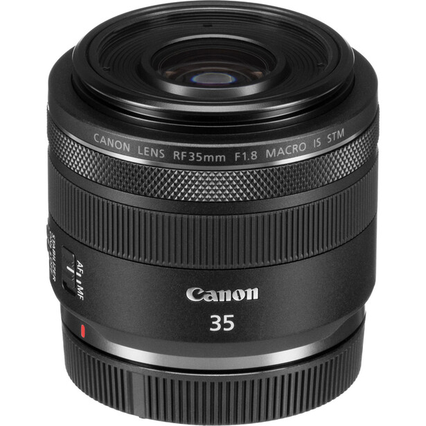 Canon RF 35mm f/1.8 Macro lens with black barrel and mount on white background.