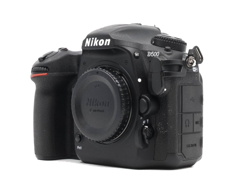 Nikon D500 DSLR camera body shown from front-left angle against white background.