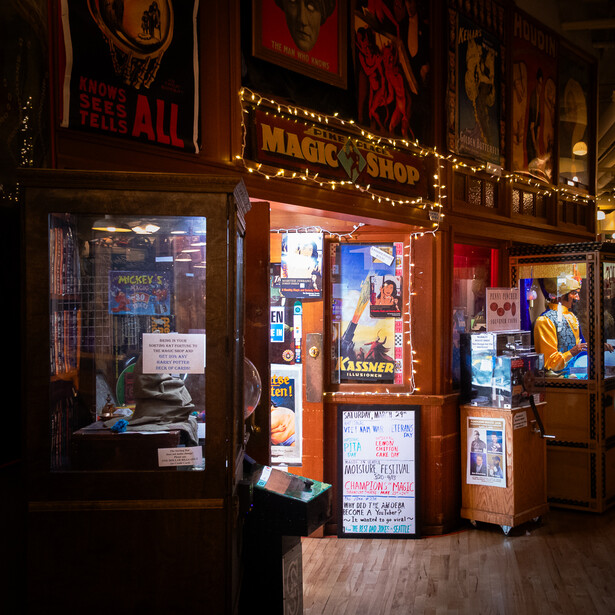 Photograph of the front of a magic shop in Pike Place market in Seattle