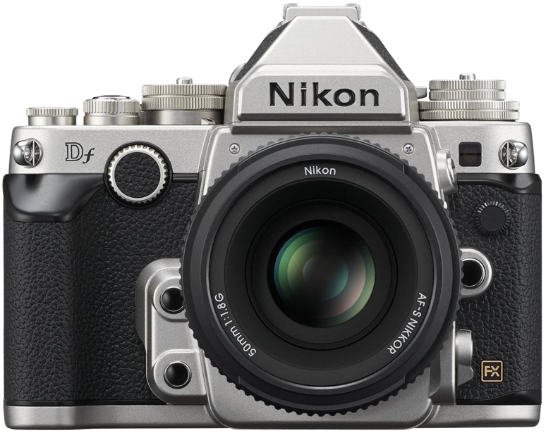Nikon Df DSLR camera with 50mm lens mounted, shown from front in studio lighting.