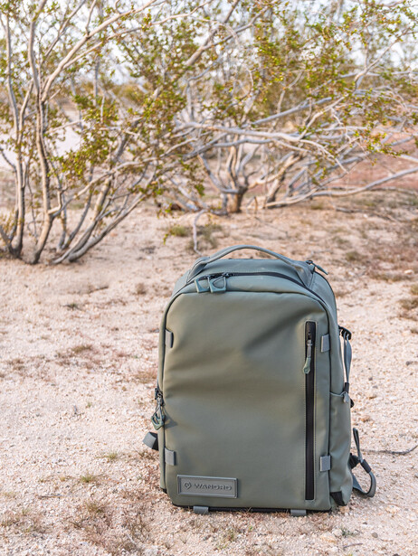 Gray camera backpack sitting on sandy ground with sparse shrubs in the background.