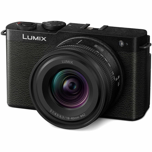 Panasonic Lumix compact mirrorless camera with attached prime lens, shown against white background.