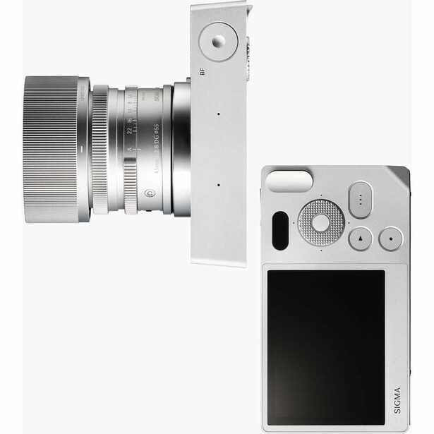 White mirrorless camera with interchangeable lens shown from side and rear views.