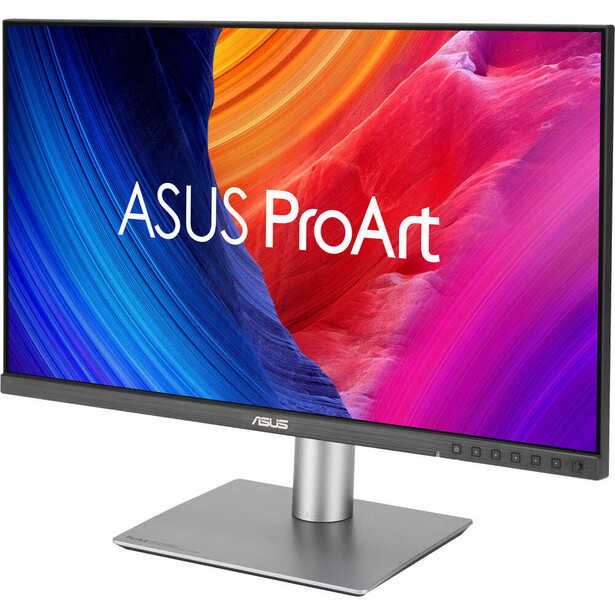 ASUS ProArt professional monitor displaying vibrant blue, orange, and magenta gradient test pattern.