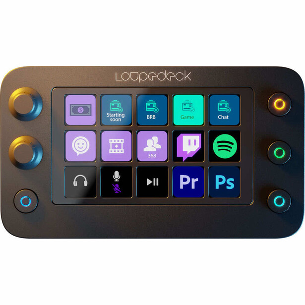Loupedeck control panel with customizable buttons, knobs, and integrated application icons for creative software.