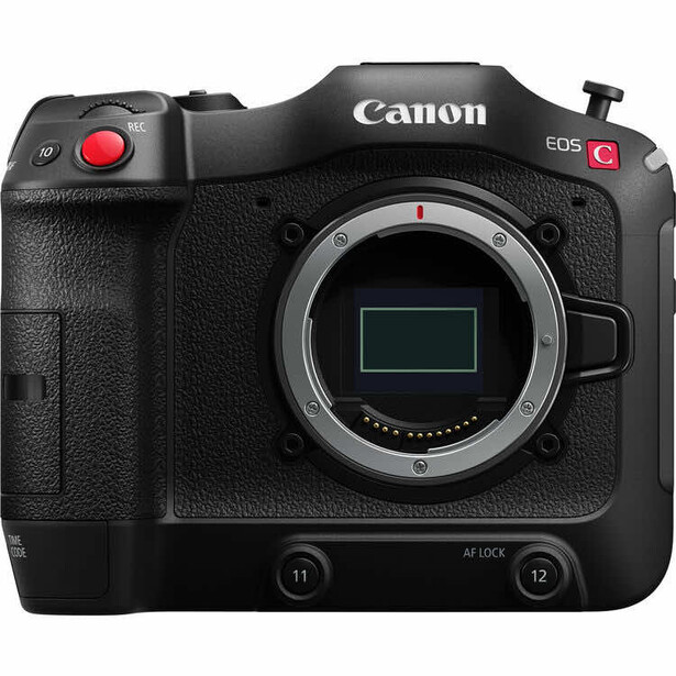 Canon EOS R5C mirrorless camera body front view showing the sensor and red record button.