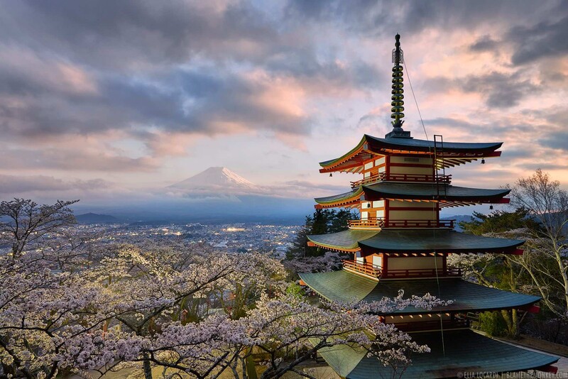 Illuminated pagoda at dusk with snow-capped mountain and blooming trees in distant valley.