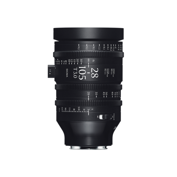 Sigma 28mm cinema prime lens with focus and aperture markings visible against white background.