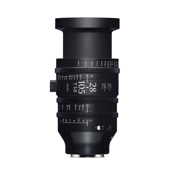Black cinema lens with focus and aperture markings on a neutral background.