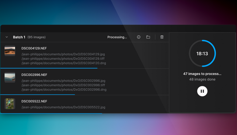 Screenshot of a batch processing interface showing three image files queued for processing, with a timer at 18:13 and progress indicator showing 48 of 47 images completed.