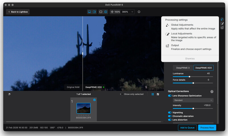 Screenshot of DxO PureRAW 3 software interface showing desert landscape with saguaro cactus during blue hour.