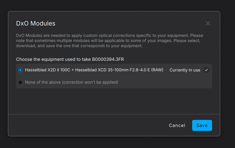 Screenshot of DxO Modules dialog box showing equipment selection for optical corrections.