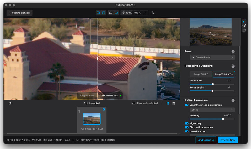 Screenshot of DaVinci Resolve color grading interface showing architectural scene with processing controls.