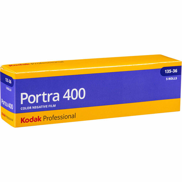 Box of Kodak Portra 400 color negative film with yellow and blue packaging.
