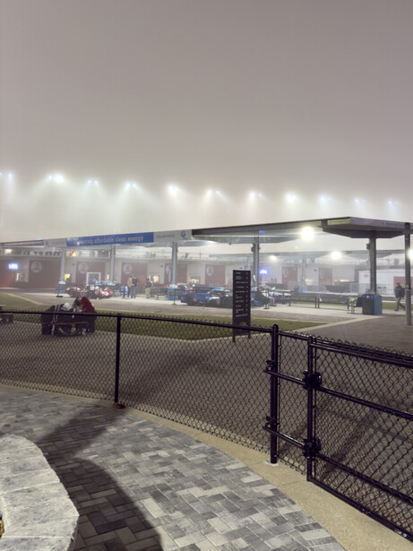 The view from just outside the photographer's room as the fog descended on the track.