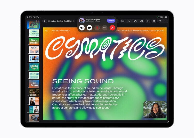 Screenshot of a digital design presentation on tablet displaying colorful gradient typography and text about sound visualization.