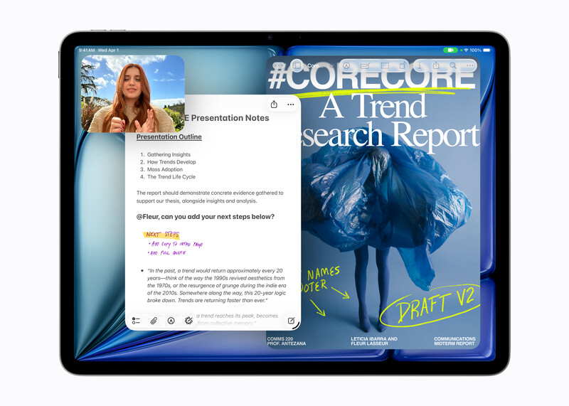Screenshot of a tablet display showing presentation notes on the left and a trend search report cover on the right.