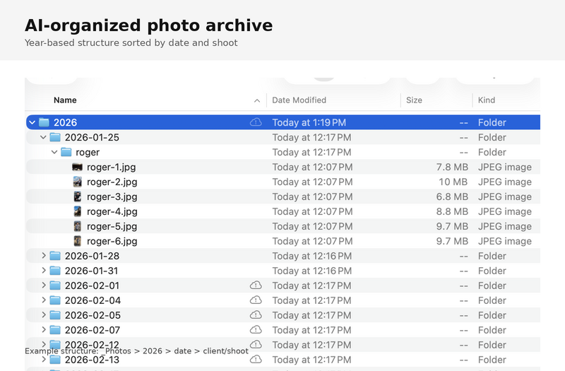 Screenshot of file management interface showing AI-organized photo archive with year-based folder structure and image metadata.