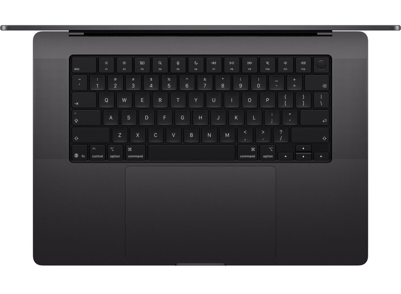 Top-down view of a dark laptop with black keyboard and touchpad displayed against a gray background.