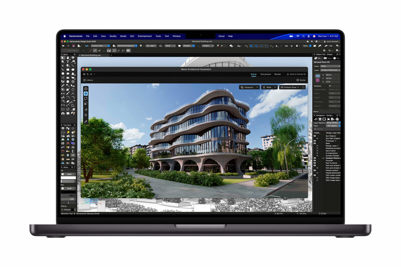 Screenshot of architectural visualization software displaying a modern residential building exterior with landscape rendering.